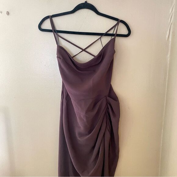 Amanda Uprichard Jasalina Brown Asymmetrical Ruched Midi Dress strappy Revolve L - Picture 7 of 9